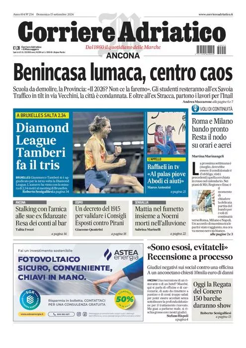 Prima-pagina-corriere adriatico-edizione-di-oggi-15-09-2024